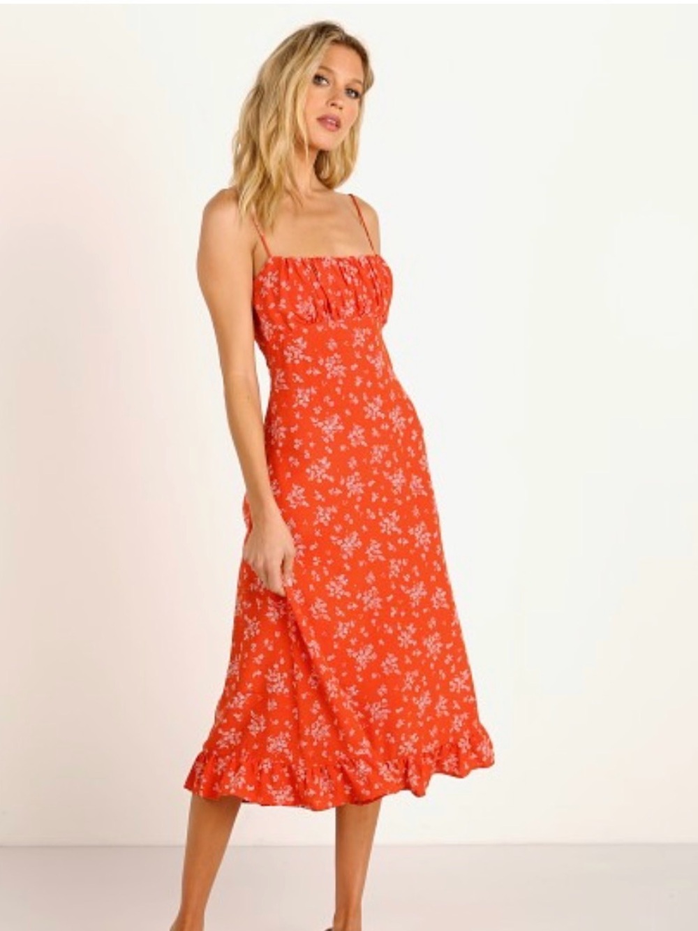 Auguste The Label Maeve Davis Orange Floral Spaghetti-Strap Midi Dress $169